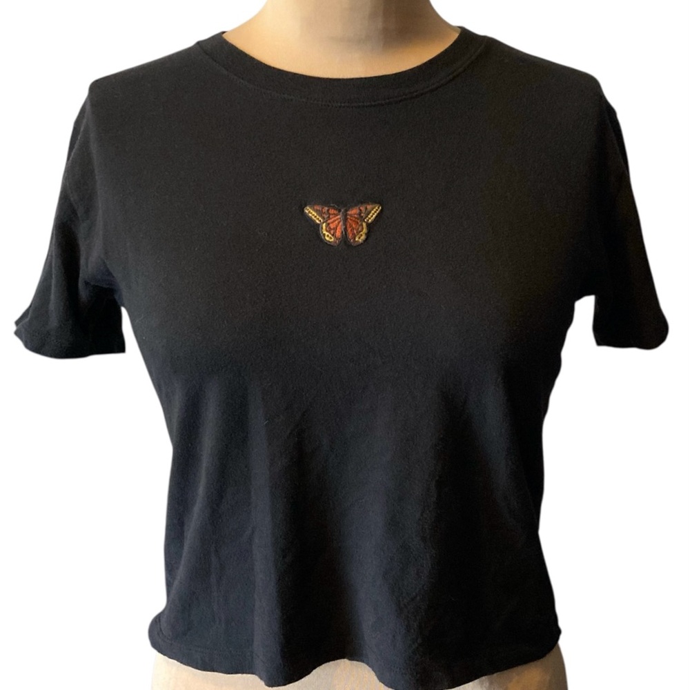Hollister Black Crop Top with Butterfly Embroidery